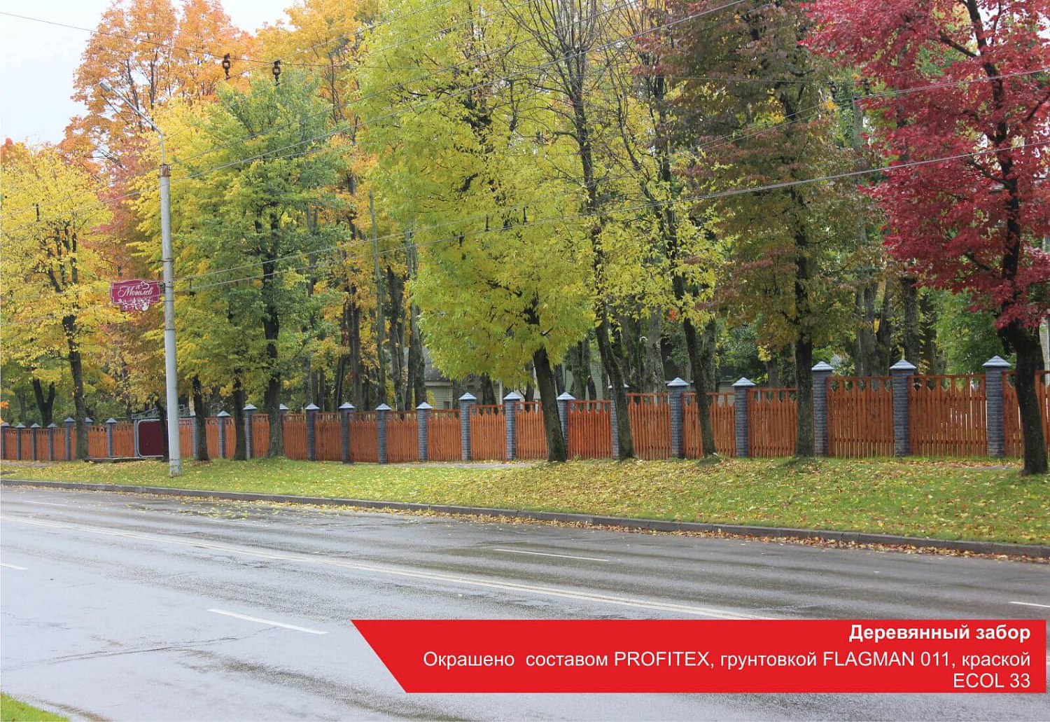Деревянный забор. Окрашено составом PROFITEX, грунтовкой FLAGMAN 011, краской ECOL 33